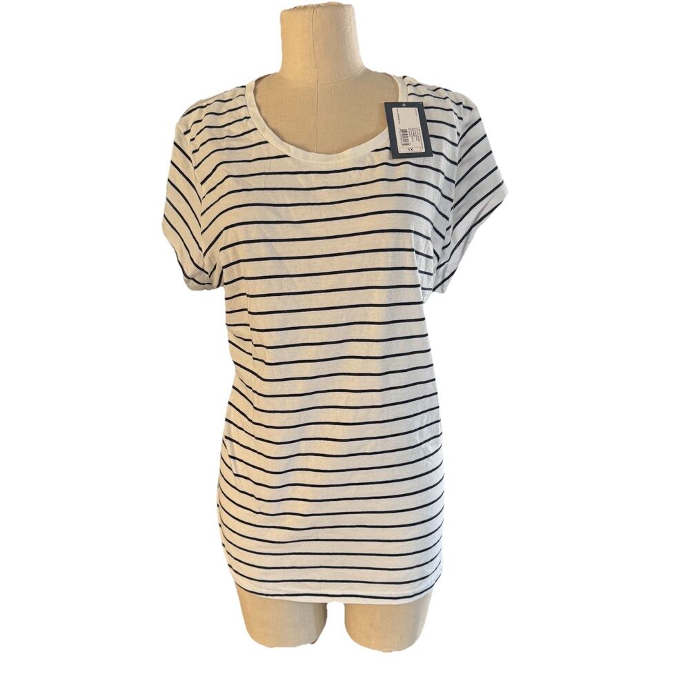 Universal Thread Womens 1X Striped Short Sleeve Fitted Crewneck T-Shirt Navy New
